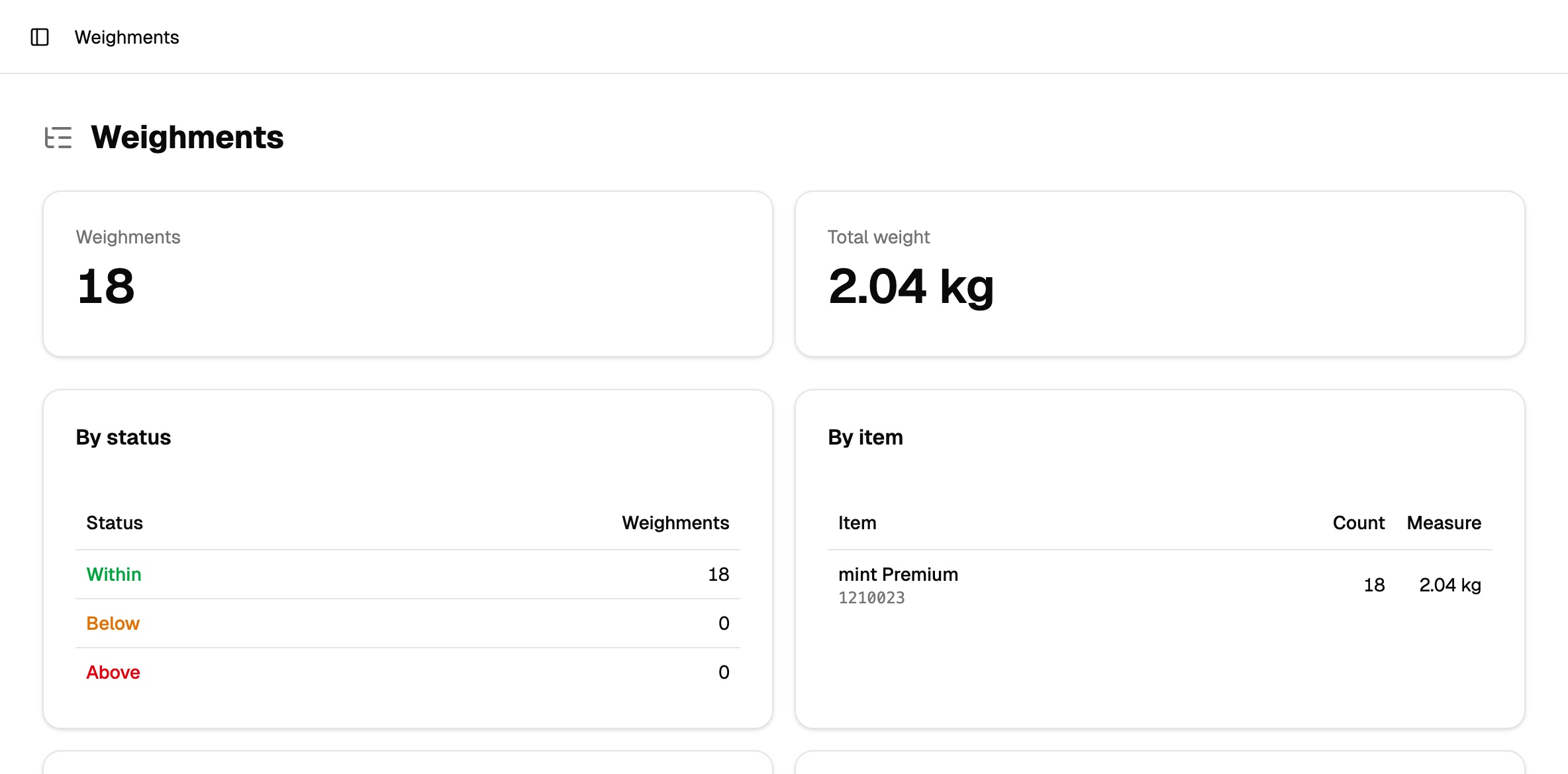 The web console's records view, with totals broken down by status and by item